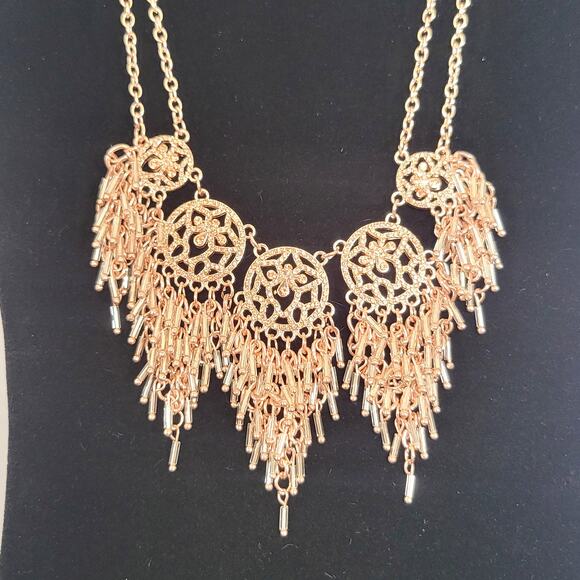Rose Gold Tone Statement Necklace Filigree Beaded Fringe 16" +3" Extender - Picture 12 of 15